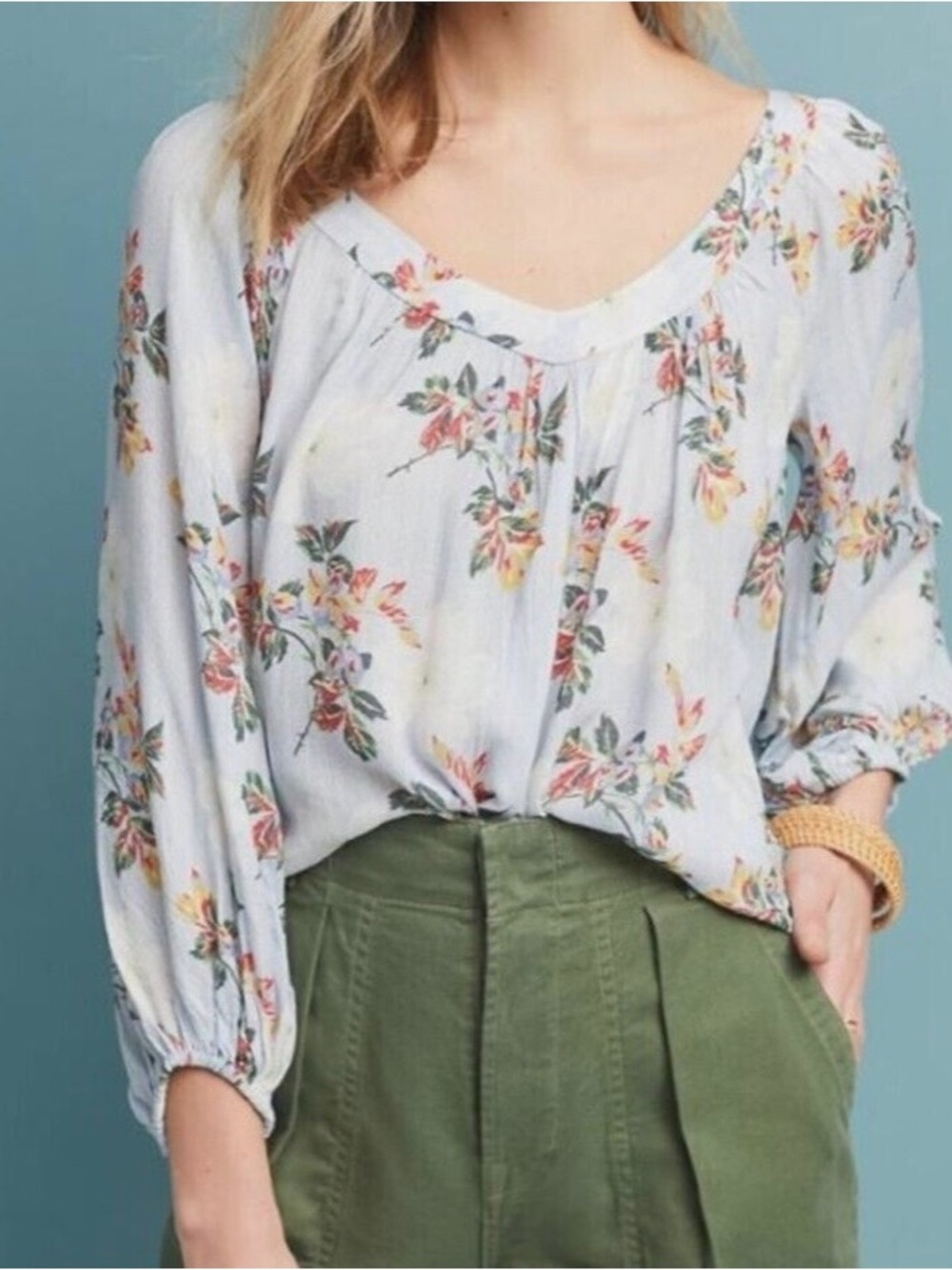 Maeve Anthropologie Boswell Light Blue Floral Blouse Top Shirt Size US 6